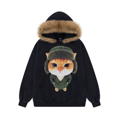 Military hat orange cat printed hoodie