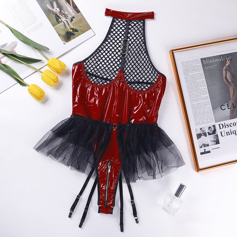 Sexy PU patent leather mesh splicing hanging neck underwear mesh canopy skirt garter belt detachable jumpsuit
