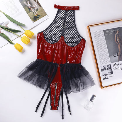 Sexy PU patent leather mesh splicing hanging neck underwear mesh canopy skirt garter belt detachable jumpsuit