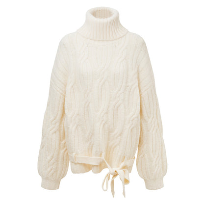 High neck twisted flower hem tied with a headband thick sweater