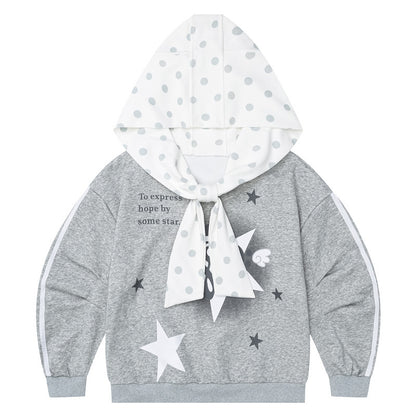 Retro grey patchwork polka dot rabbit ear hat long sleeved hoodie
