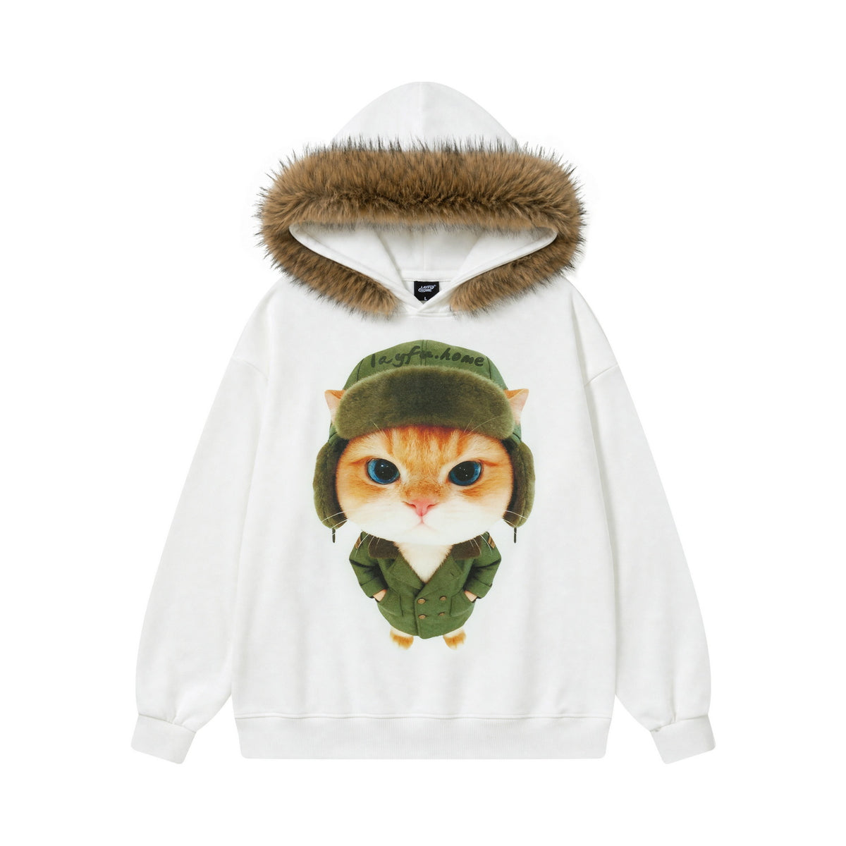 Military hat orange cat printed hoodie