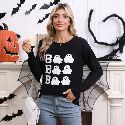Halloween embroidery casual round neck long sleeved top with Halloween elements