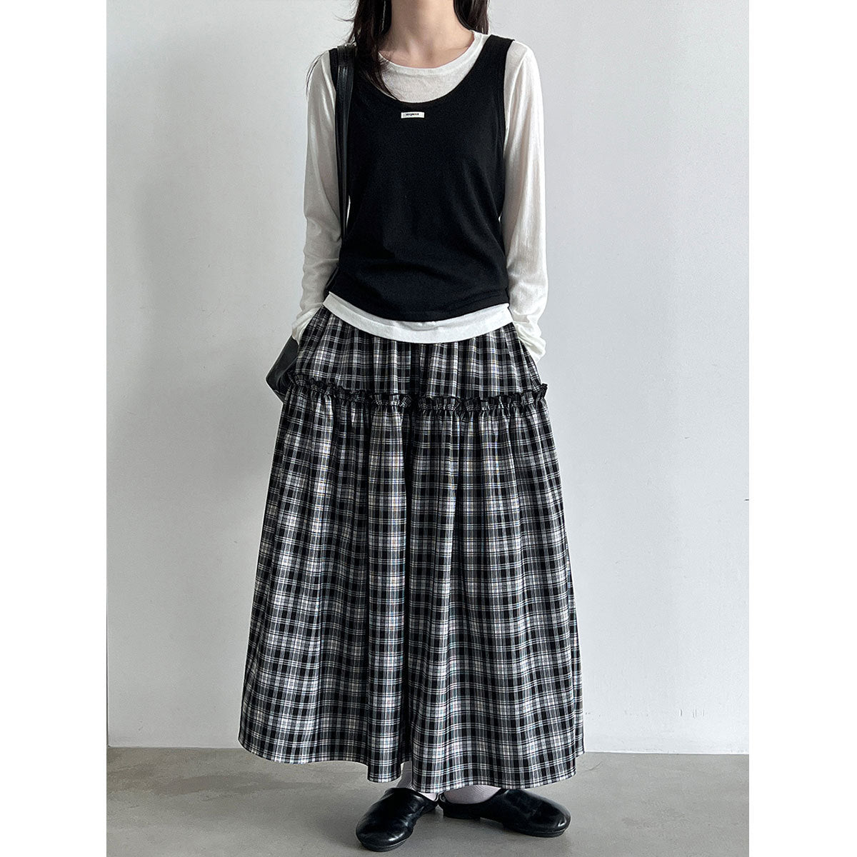 Deer West Plaid High-Waisted Patchwork Ruffle  Skirt for Women A-Line Flared Umbrella Skirt