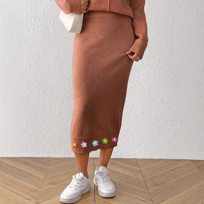 Skirt with 3D Hand-Crocheted Flower Decoration, Fitted Bodycon Midi Skirt, Women's Knit Dress Skirt