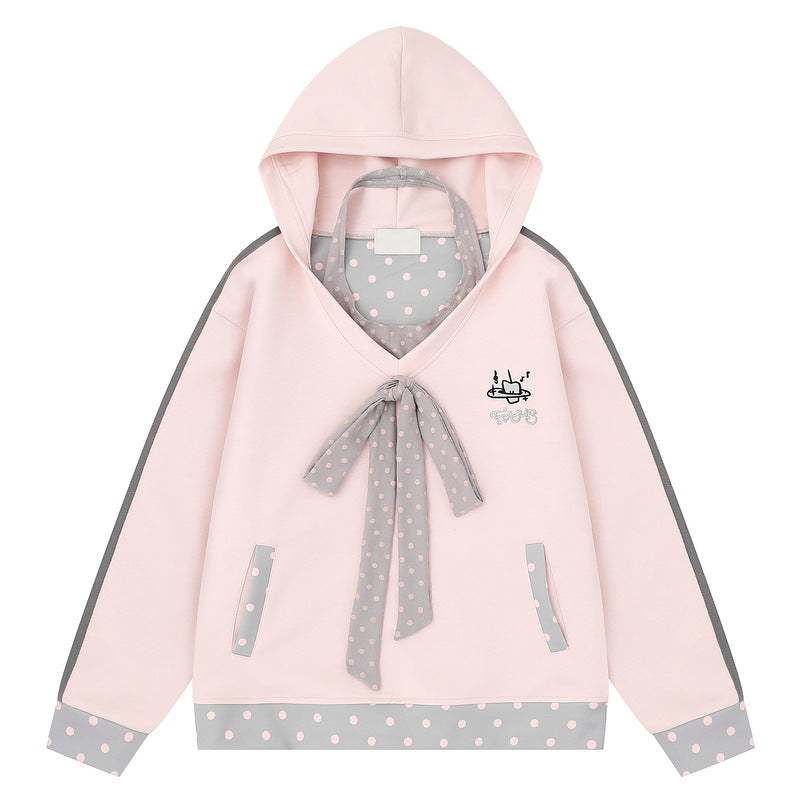 Sweet pink polka dot patchwork hooded sweatshirt