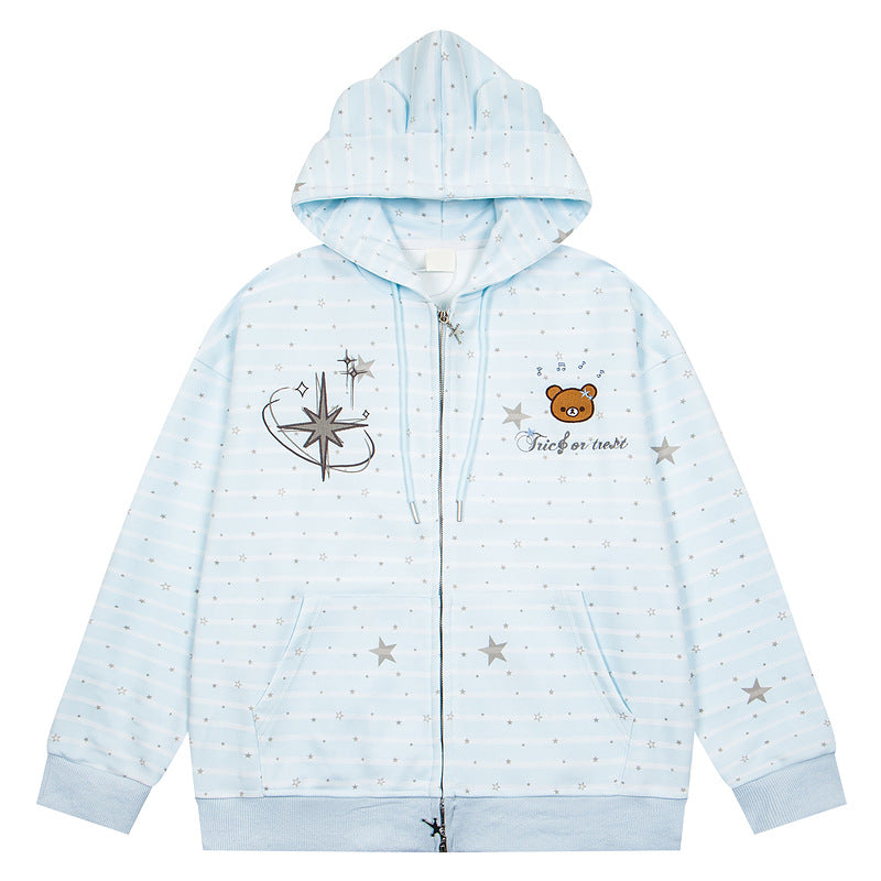 Striped star teddy bear loose shoulder zipper sweatshirt jacket