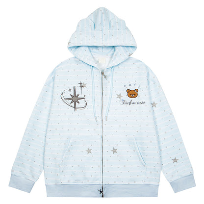 Striped star teddy bear loose shoulder zipper sweatshirt jacket