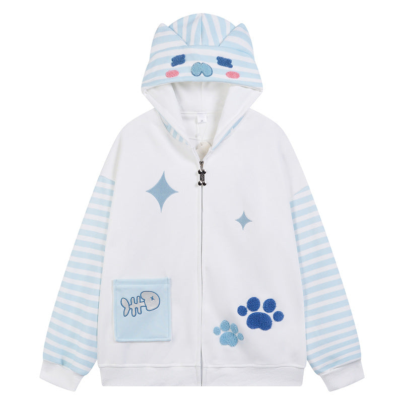 Hooded hoodie with fishbone claw print embroidered fabric striped patchwork jacket