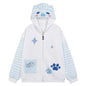 Hooded hoodie with fishbone claw print embroidered fabric striped patchwork jacket