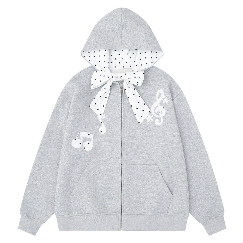 Light grey hooded zipper sweatshirt jacket with bow tie