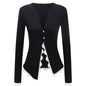 Fake two cardigans lace patchwork V-neck single button T-shirt for women