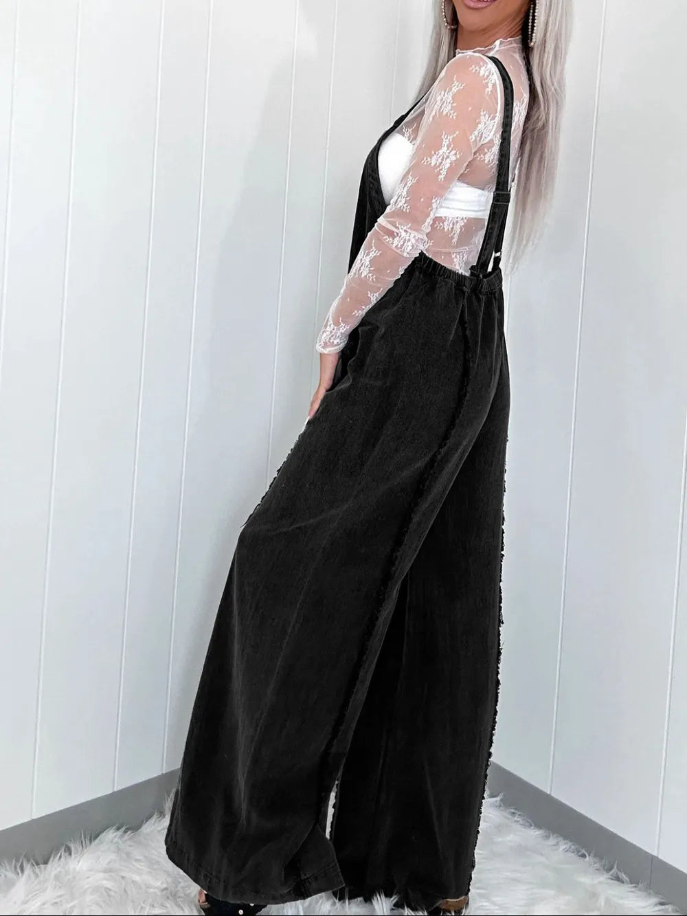 Washed Square Neck Wide Leg Denim Overalls