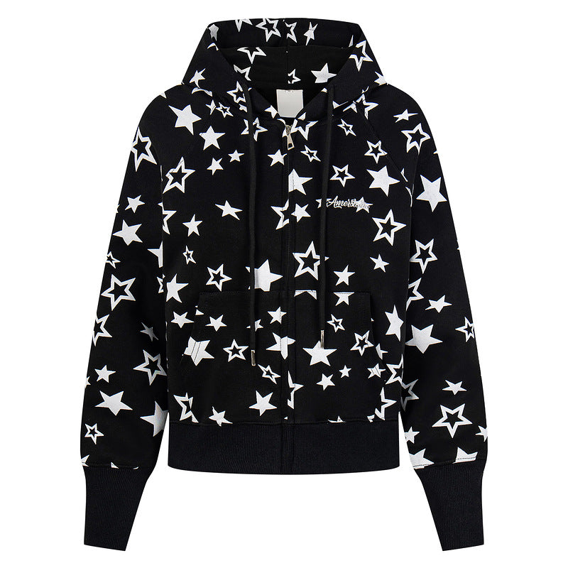 Retro star printed cardigan hoodie for women