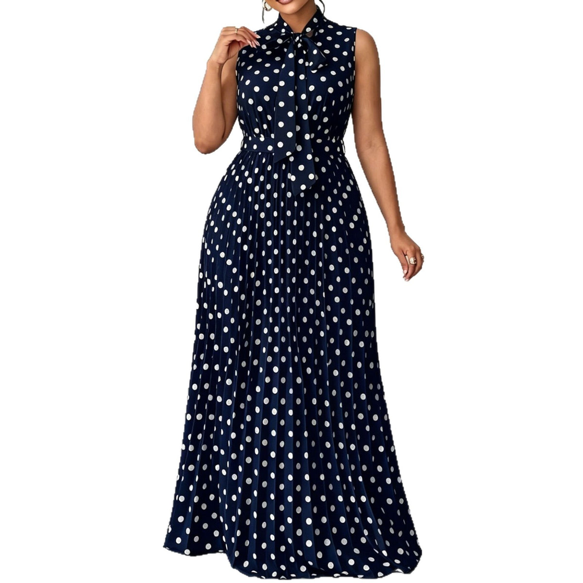 Polka Dot Sleeveless Tie Waist Midi Dress