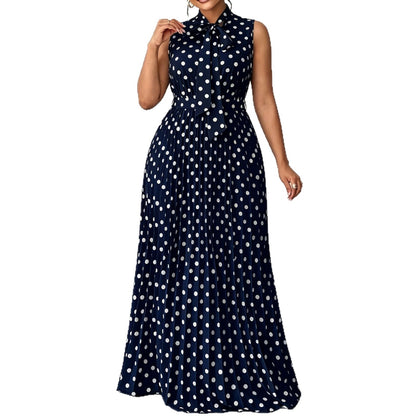 Polka Dot Sleeveless Tie Waist Midi Dress