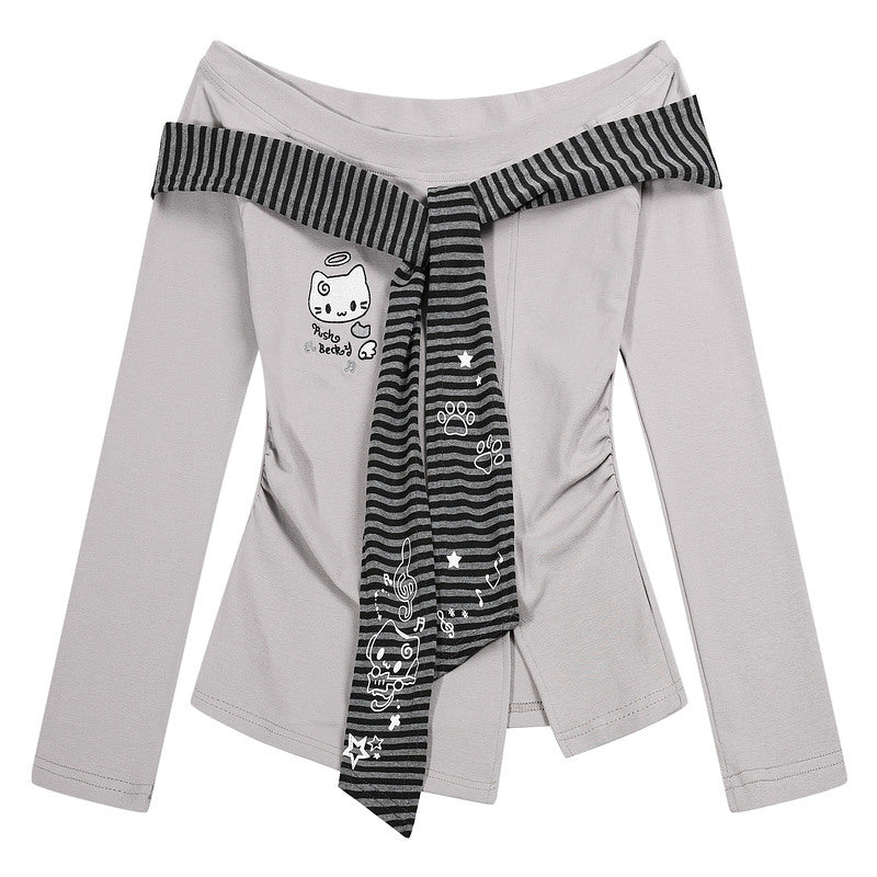 Cute Long Sleeve T-shirt with One Shoulder Kitten for Women