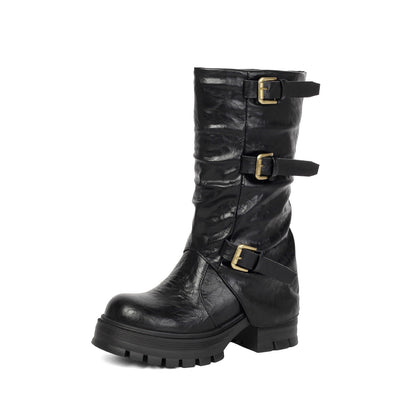 Thick Heel High Heel Women's Short Boots with Belt Buckle Slip-On Tube Boots