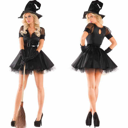 Halloween Adult Costume Party Sexy V-Neck Black Lace Witch Costume Role Play Devil Outfit